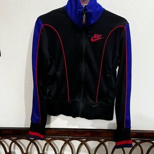 Nike Women's Black Bomber Jacket with Blue and Red Accents